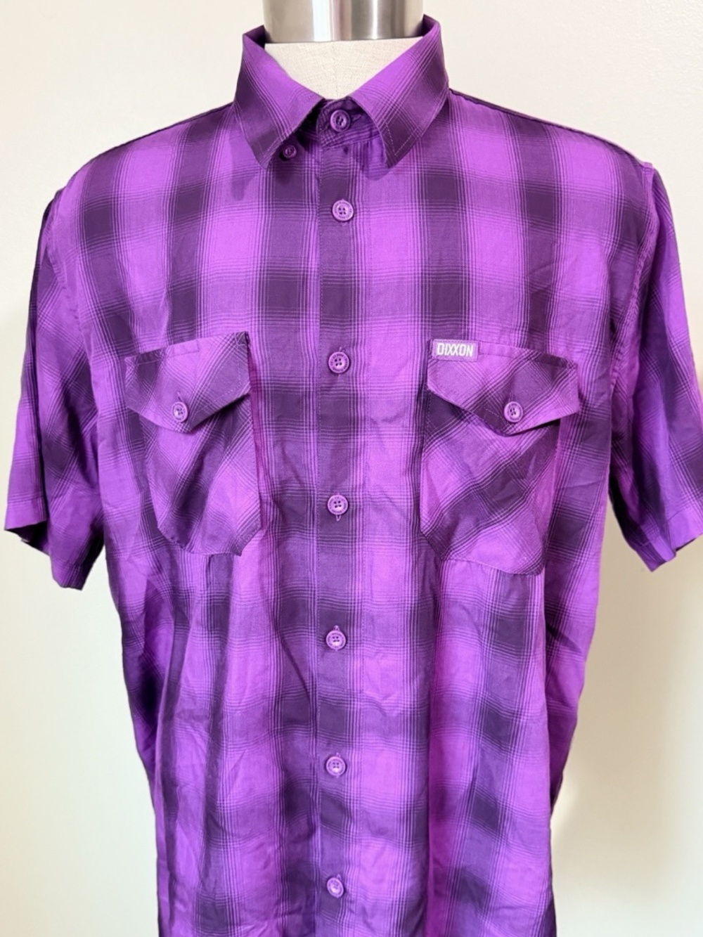 Dixxon Rose Up Shirt Mens Large Purple Plaid Bamboo Lightweight